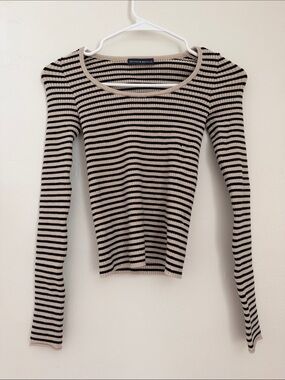 Brandy Melville Black and Cream Striped Ribbed Long Sleeve Top